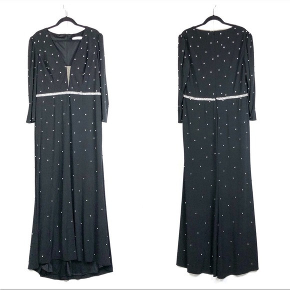 MAC DUGGAL Black Jewel Encrusted Long Sleeve Belted Evening Gown Size 10-12 - Picture 2 of 3